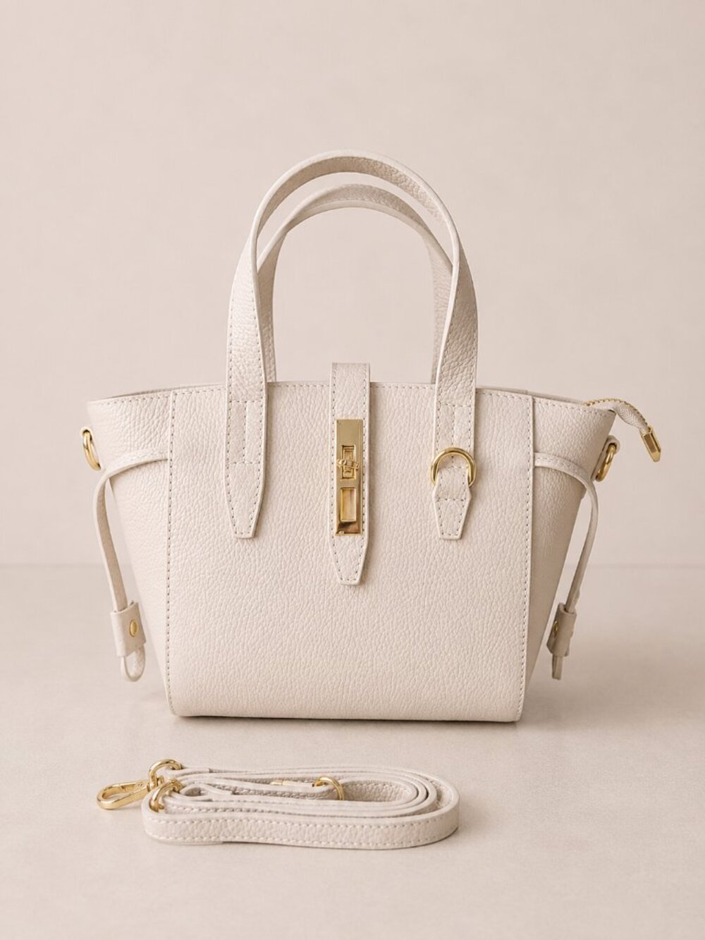 Beige Italian Leather Crossbody Top Handle Bag, Pebbled Leather Purse - Picture 8 of 16